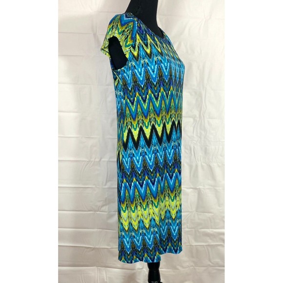 Ronni Nicole Blue/Green/Yellow Geometric Print Cap Sleeve Sheath Dress Size 6 - Picture 5 of 12